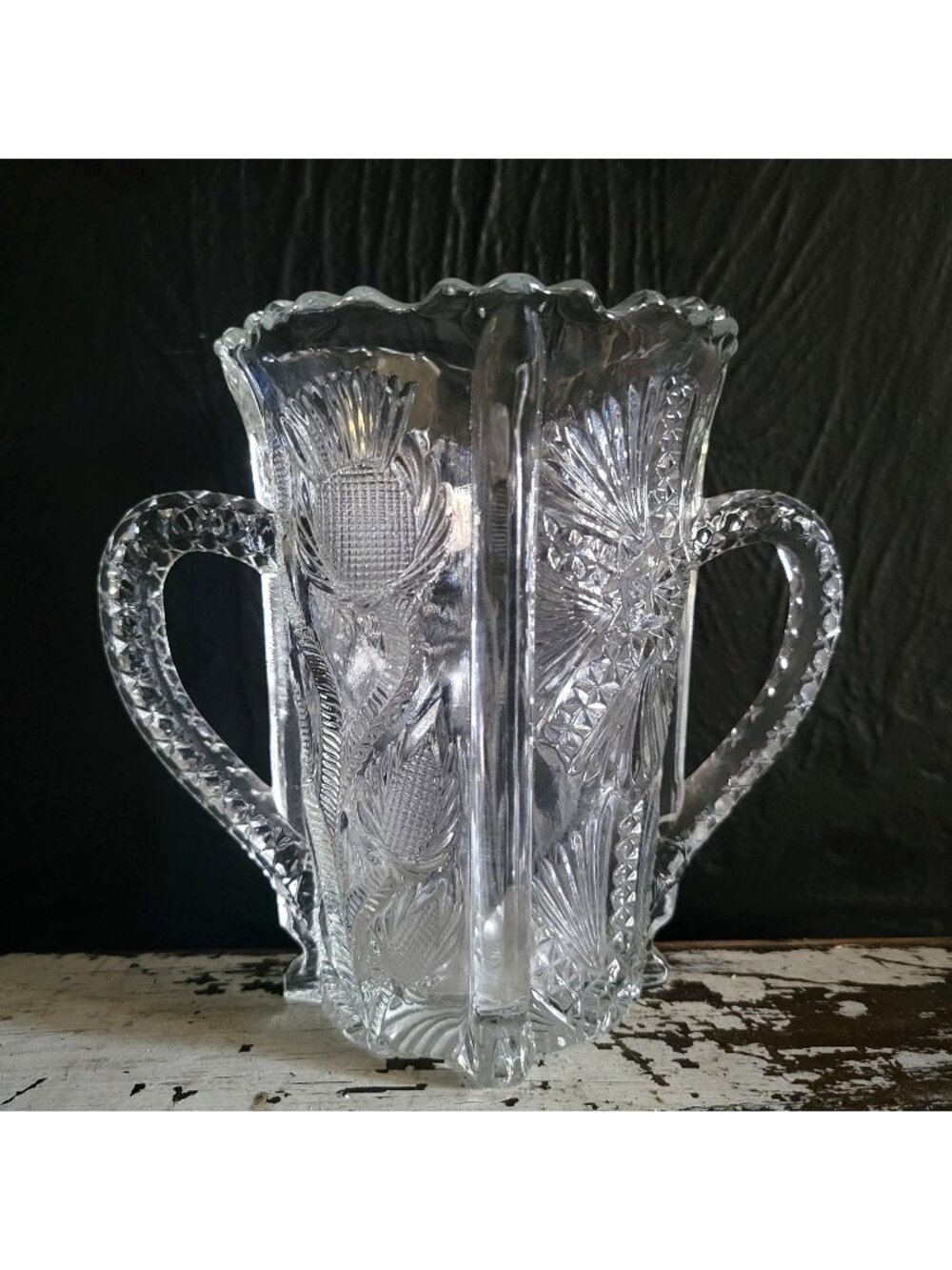 Antique JB Higbee Glass Inverted Thistle & Flower Two-Handled Spooner